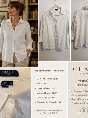 Chaps 100% Linen White Logo Long Sleeves Collar Button Down Shirt Sz 1X #1026CL